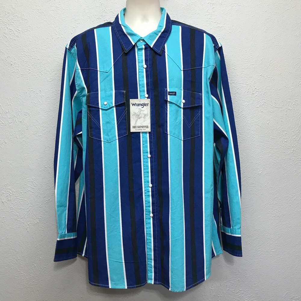 Wrangler Brushpopper Shirt Mens XXL Blue Striped Pearl Snap Western Long Sleeve